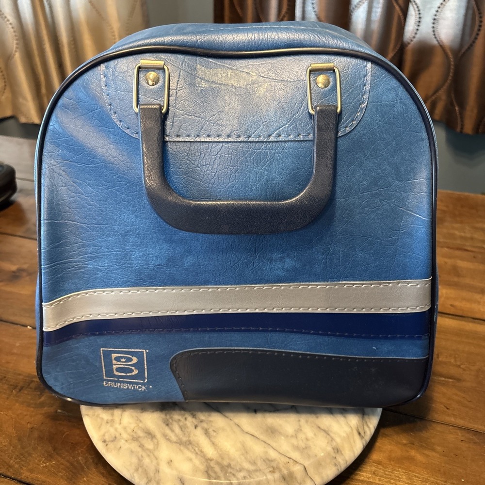 VTG 70s Blue Black Vinyl Brunswick Bowling Ball Bag Rack & Working Zippers